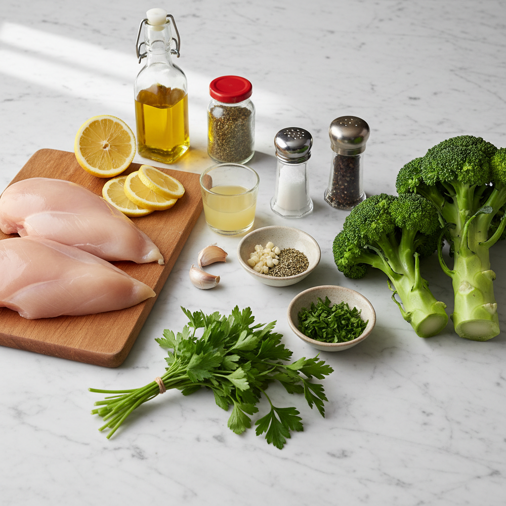 Fresh ingredients for baked lemon herb chicken breast with roasted broccoli, including chicken, broccoli, lemon, and herbs.