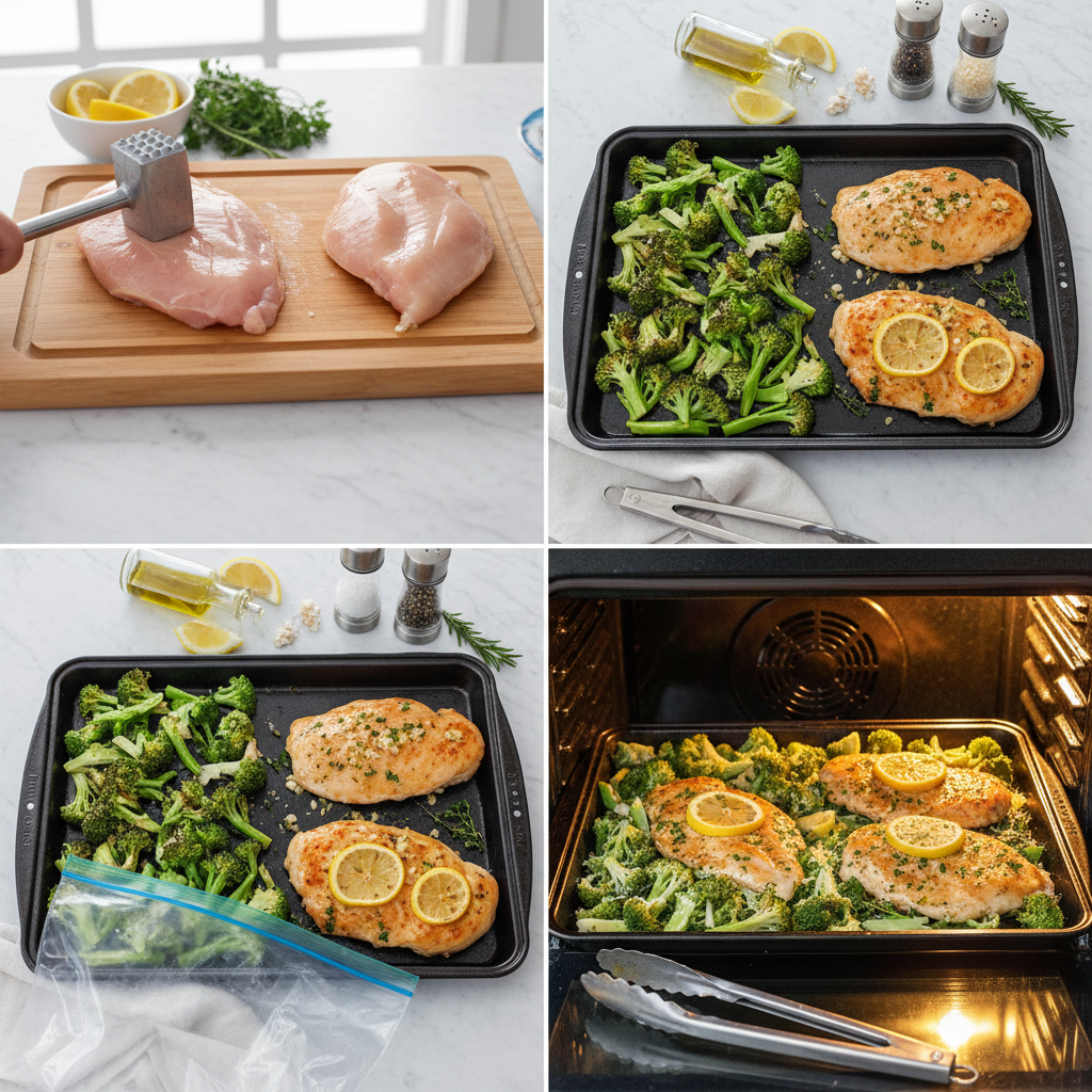 Preparing baked lemon herb chicken breast with roasted broccoli, showing chicken and broccoli being seasoned.