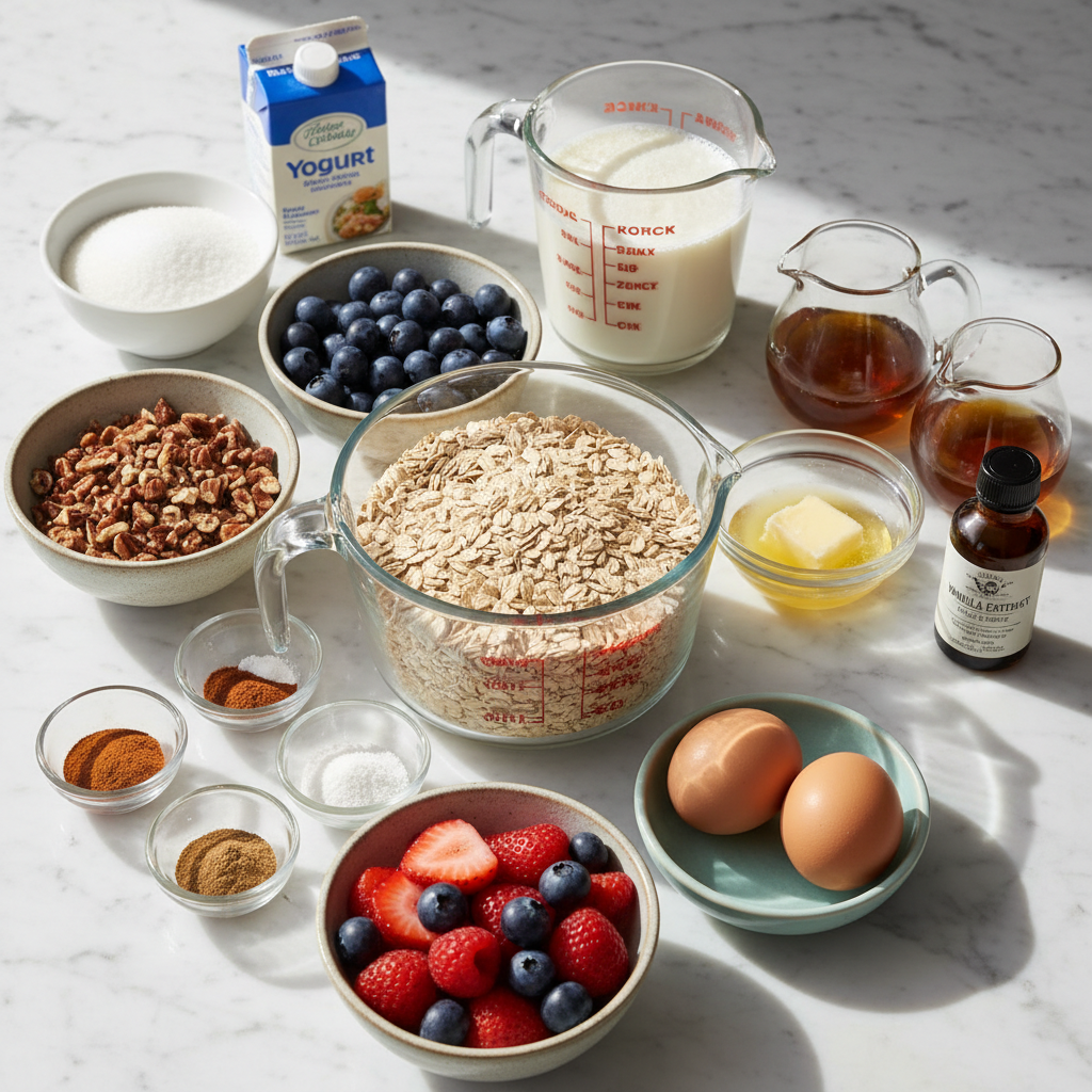Fresh blueberries, rolled oats, chopped walnuts, and spices for baked oatmeal