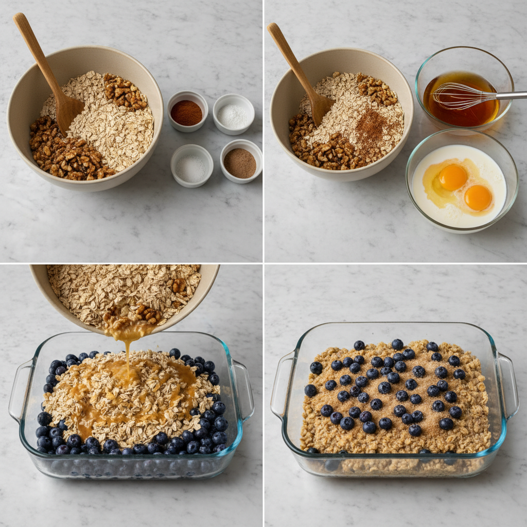 Mixing blueberries and walnuts into oatmeal batter for baking