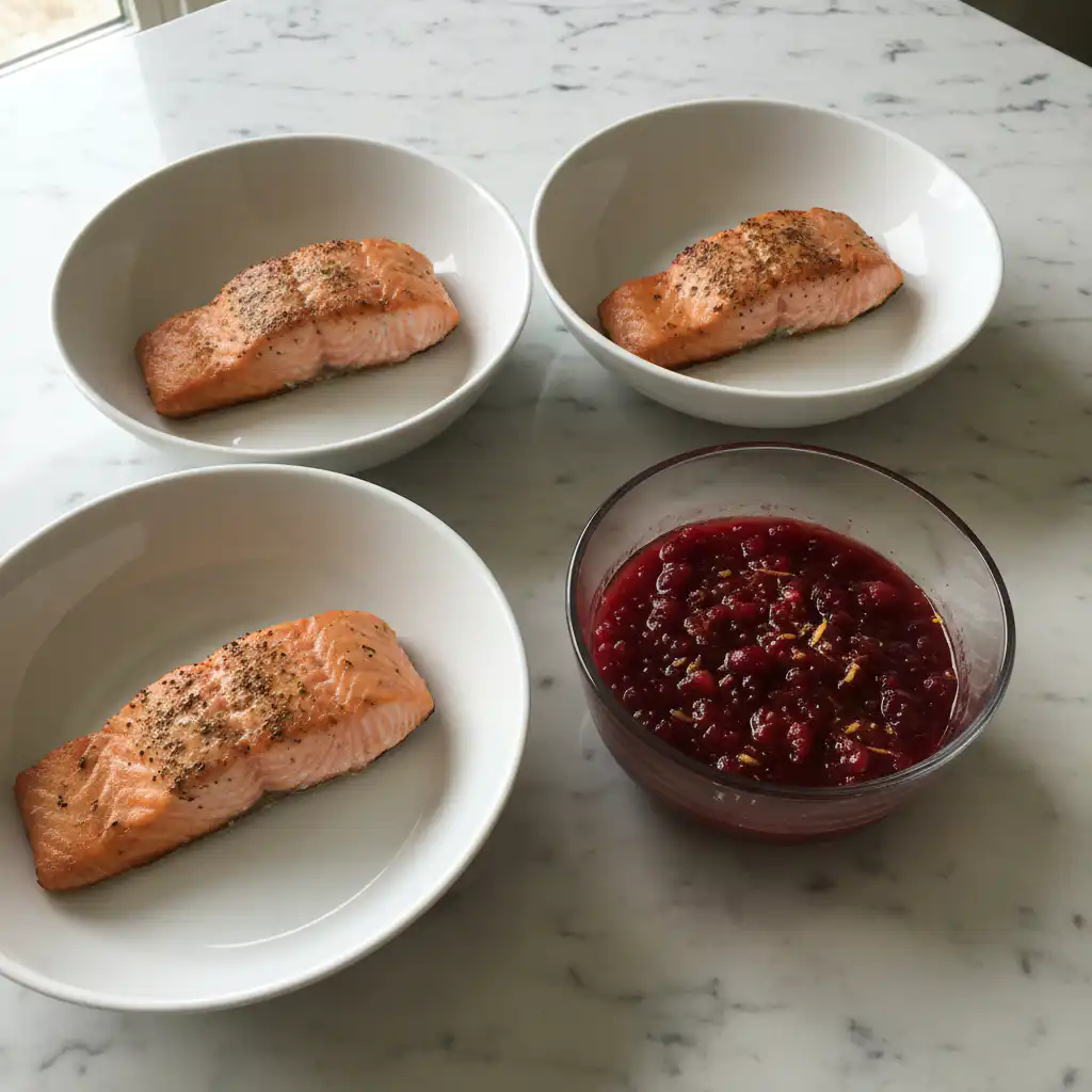 baked-salmon-cranberry-glaze-thanksgiving-ingredients Fresh salmon fillets, bright cranberries, and fragrant rosemary for baked salmon with cranberry glaze thanksgiving.
