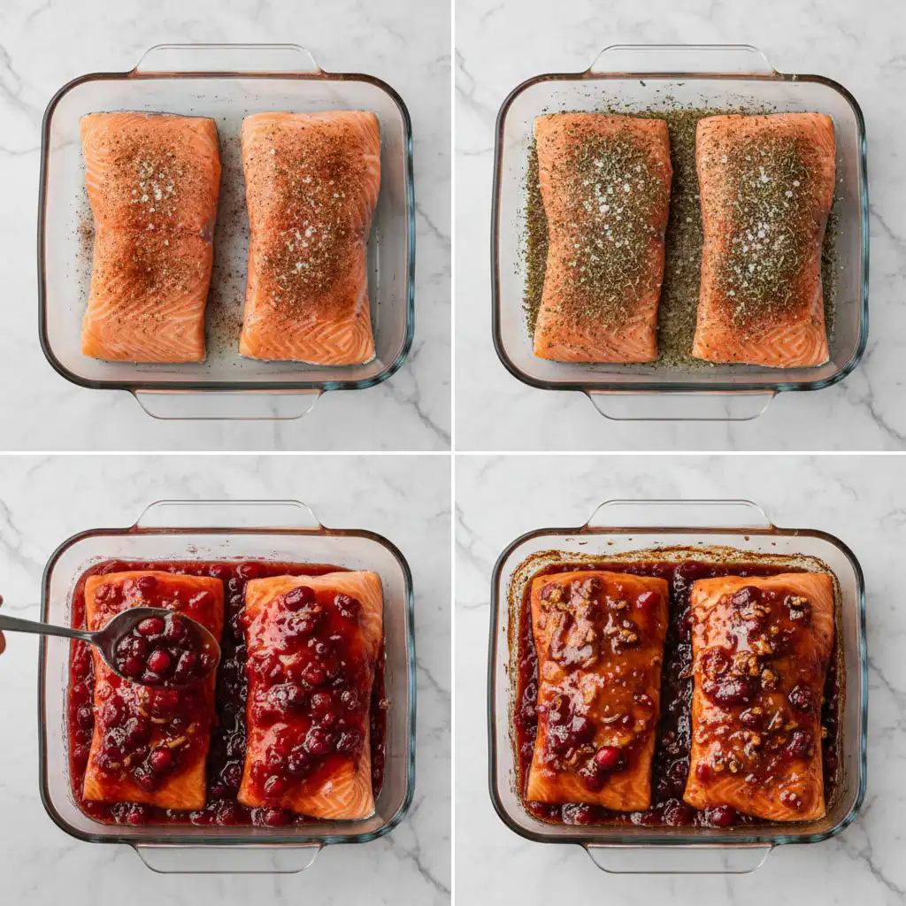 baked-salmon-cranberry-glaze-thanksgiving-prep A chef carefully brushes cranberry glaze onto a salmon fillet for baked salmon with cranberry glaze thanksgiving.
