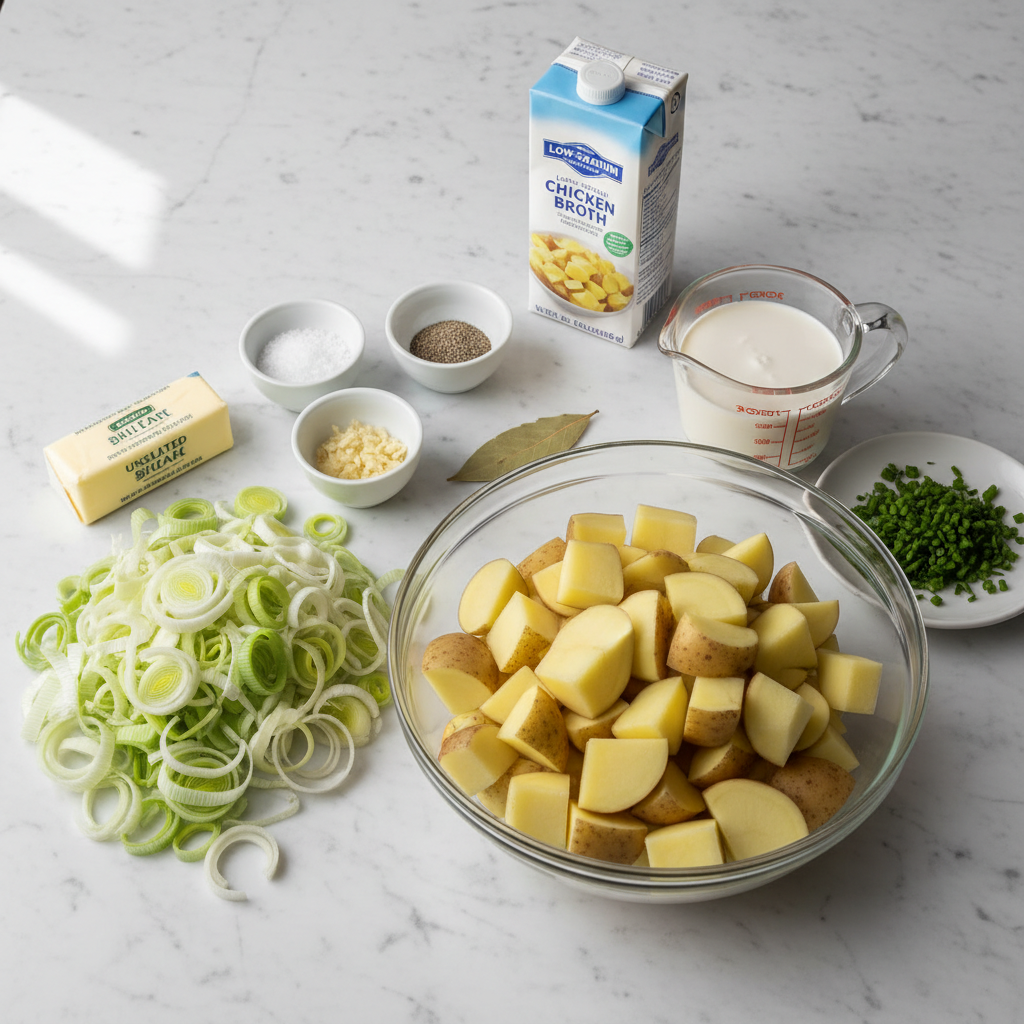 best-ever-potato-leek-soup-ingredients Fresh ingredients for best ever potato leek soup, including potatoes, leeks, and herbs.