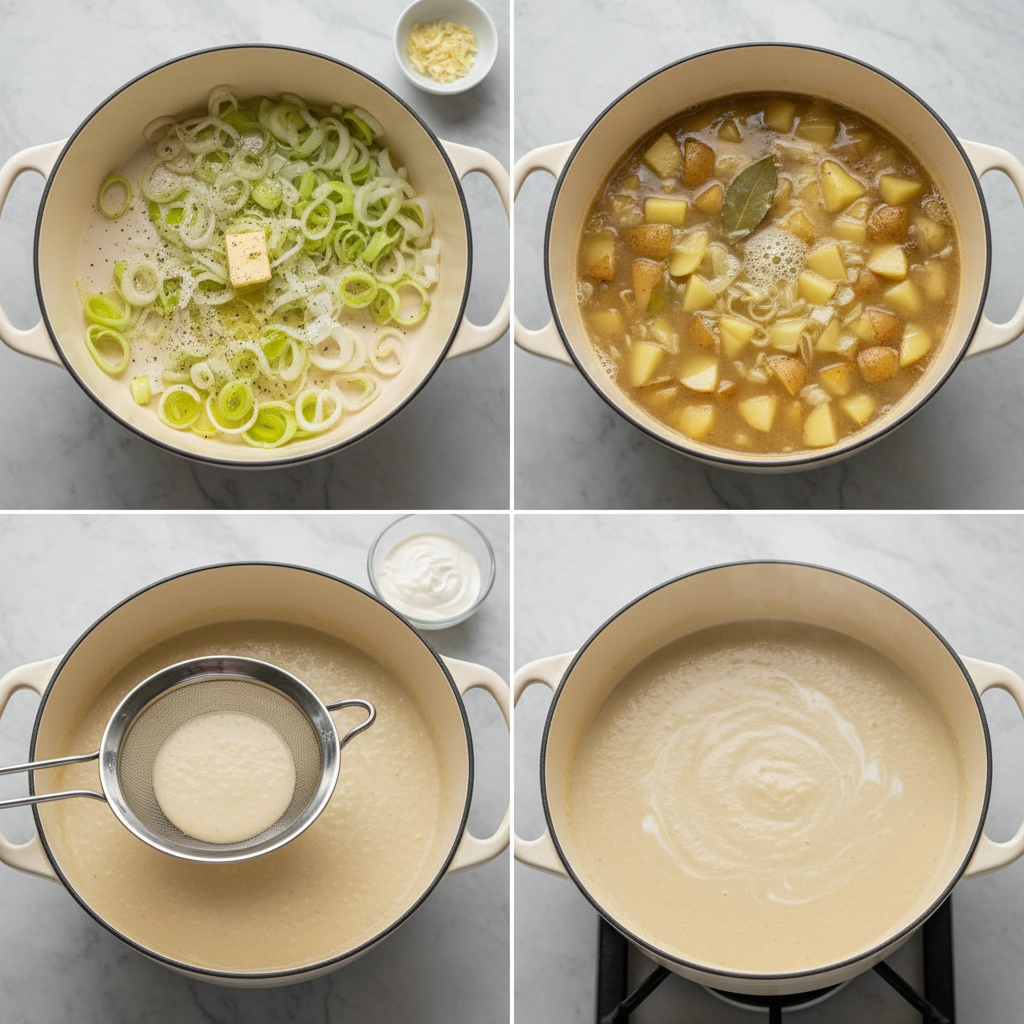 best-ever-potato-leek-soup-prep Chopped leeks and potatoes being prepped for best ever potato leek soup.
