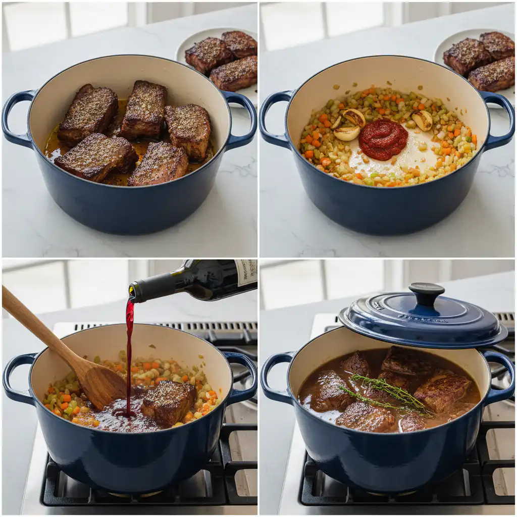 Close-up of tender braised short ribs thanksgiving being prepared in a pot.