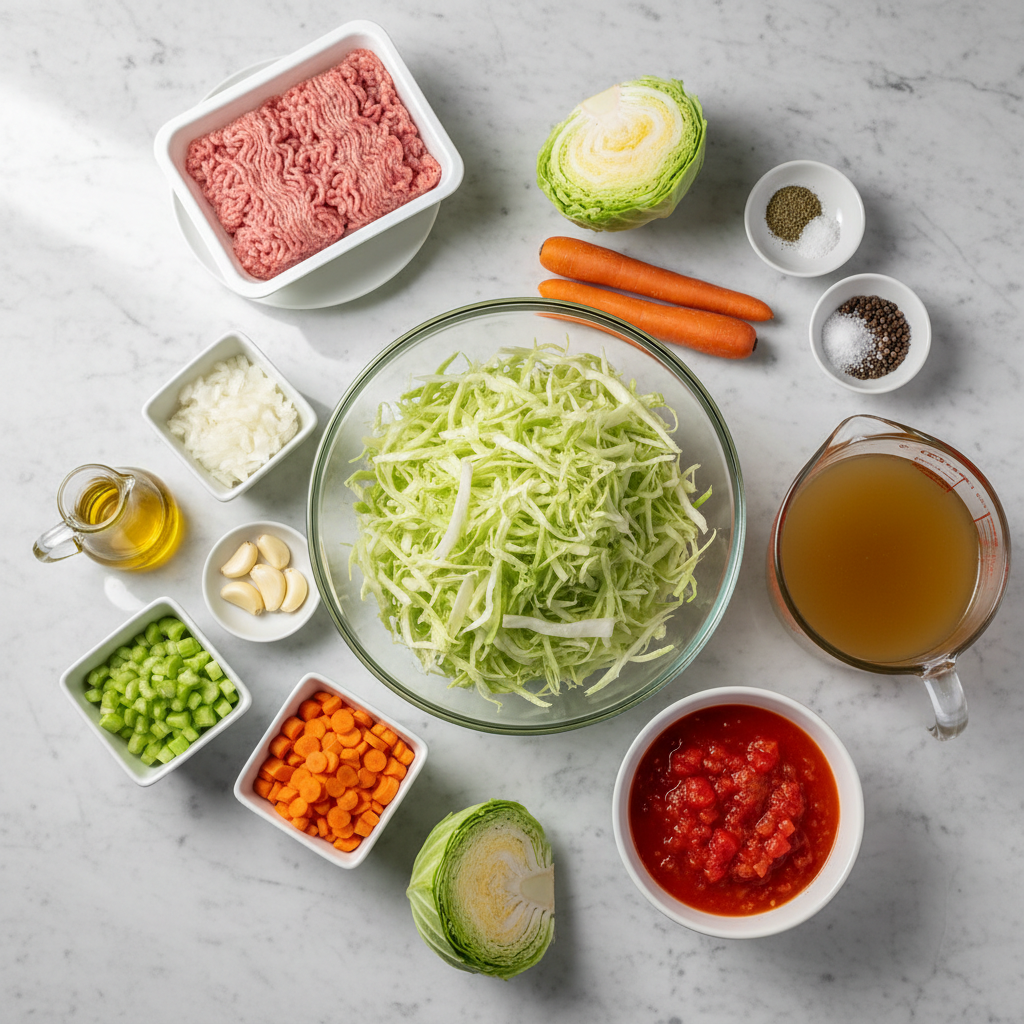 cabbage-soup-for-healthy-weight-loss-ingredients Fresh vegetables like cabbage, carrots, and celery for healthy cabbage soup for weight loss.