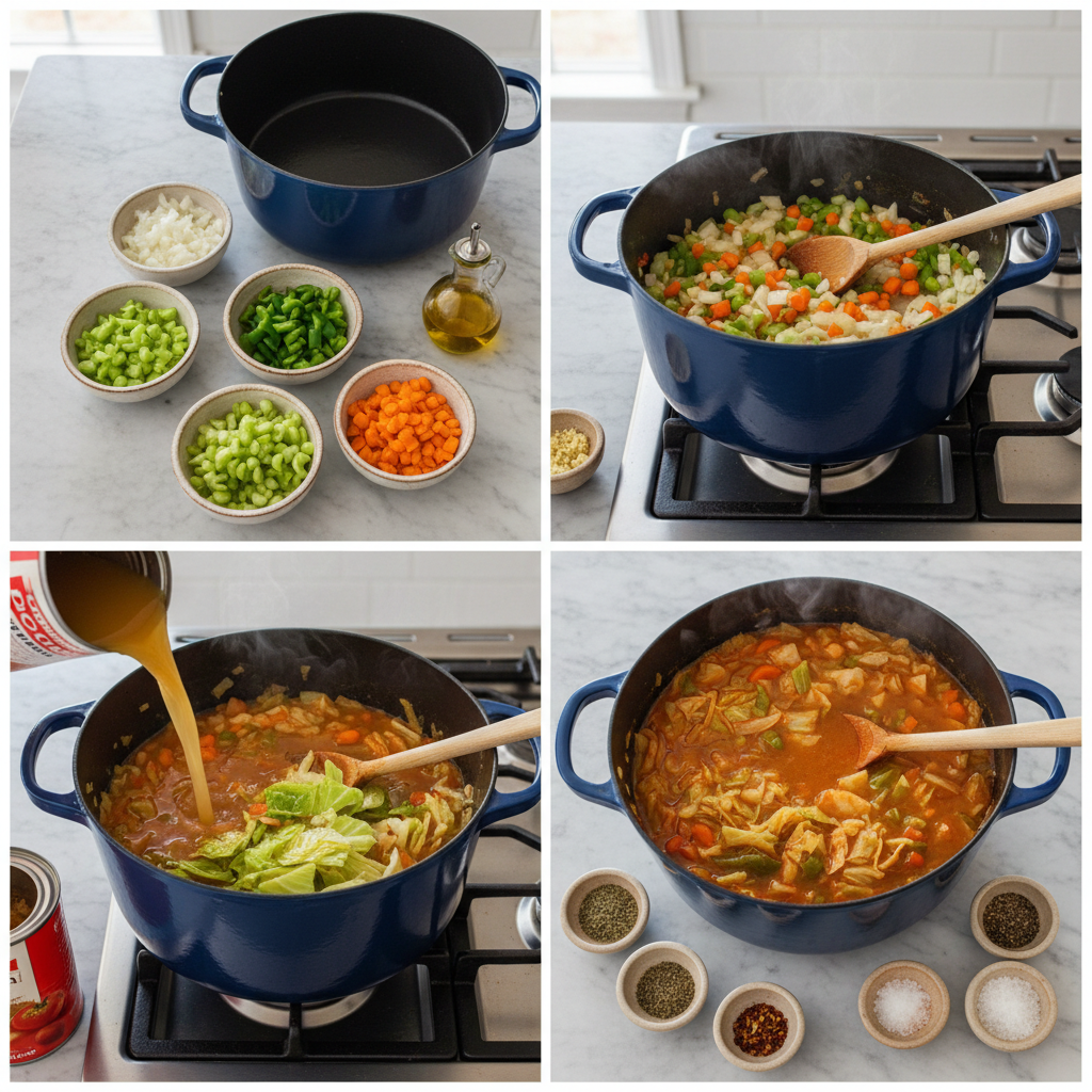 cabbage-soup-for-healthy-weight-loss-prep Chopped vegetables simmering in a pot for cabbage soup for healthy weight loss.