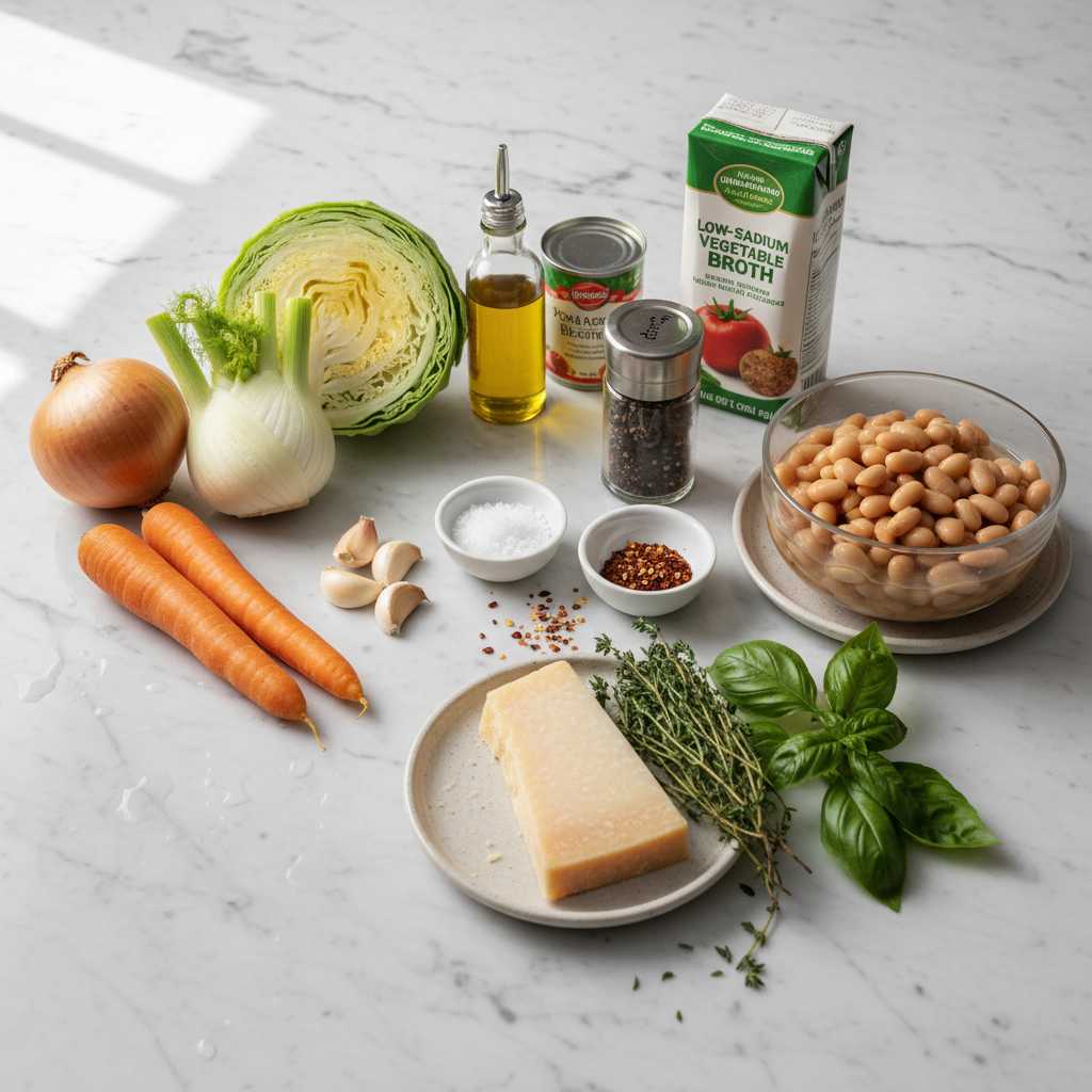 Fresh ingredients for cabbage soup with white beans and herbs, including crisp cabbage, plump white beans, and aromatic herbs.