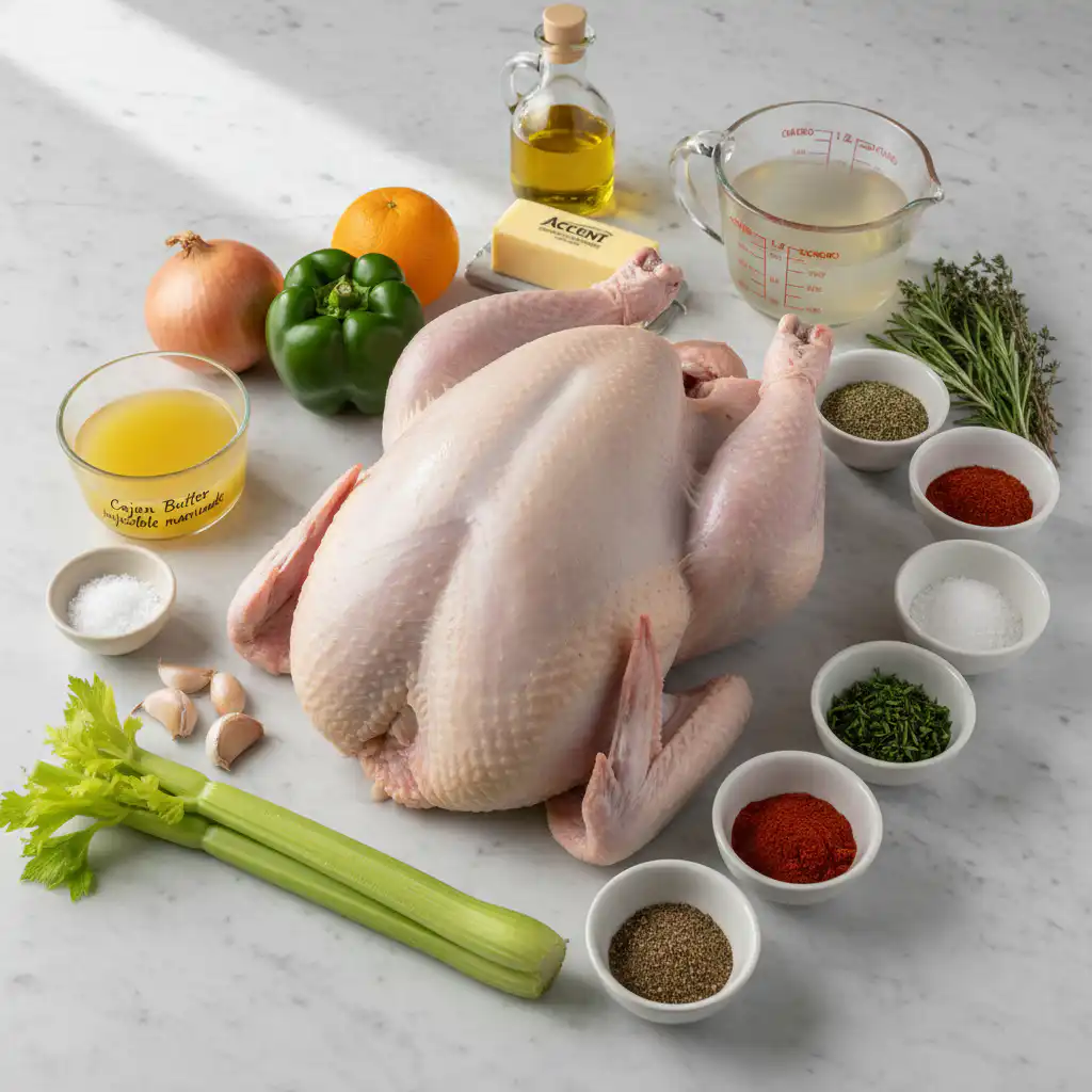 Gathered ingredients for cajun turkey thanksgiving oven roasted, including herbs, spices, and a whole turkey.