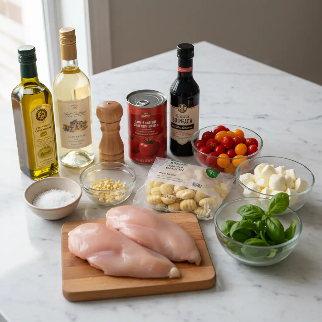 caprese-chicken-gnocchi-easy-ingredients Fresh ingredients for caprese chicken gnocchi easy including cherry tomatoes, basil, mozzarella balls, and chicken.