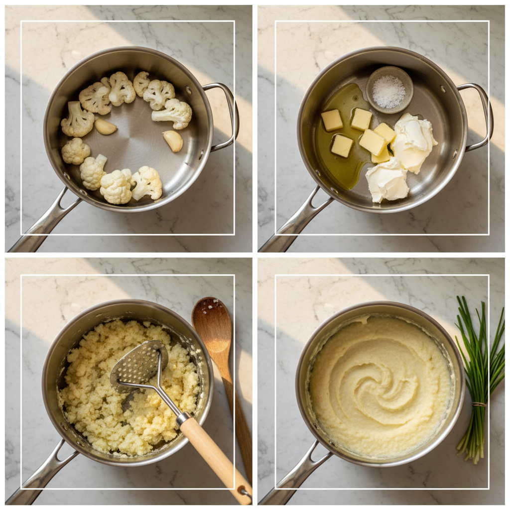 Chopped cauliflower being prepared for keto mashed potatoes.