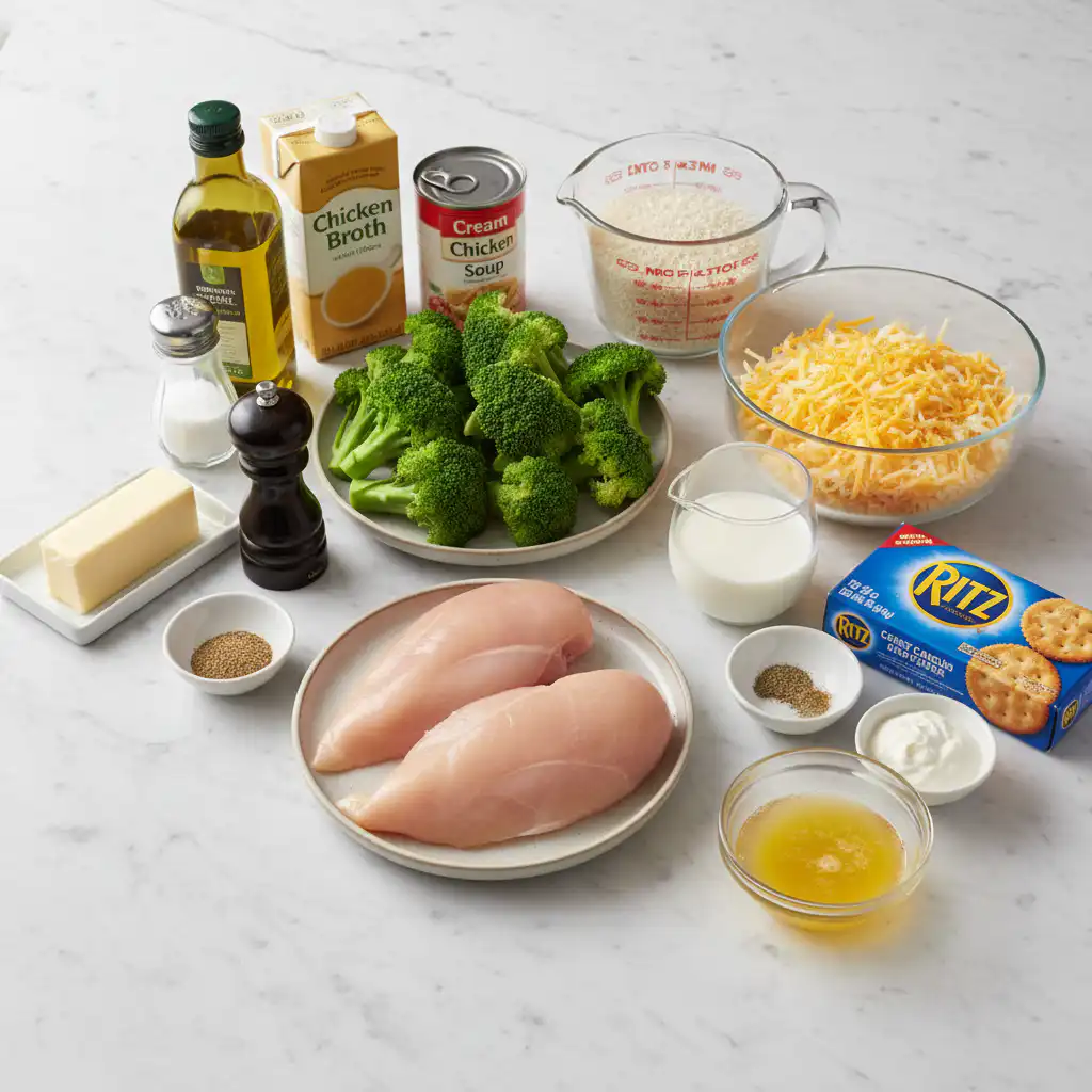 All the fresh ingredients for cheesy broccoli chicken and rice casserole, including chicken, broccoli, rice, and cheese.