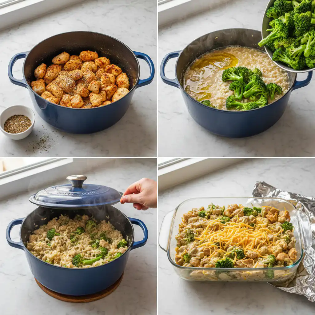 A close-up shot of the cheesy broccoli chicken and rice casserole mixture being prepared before baking.