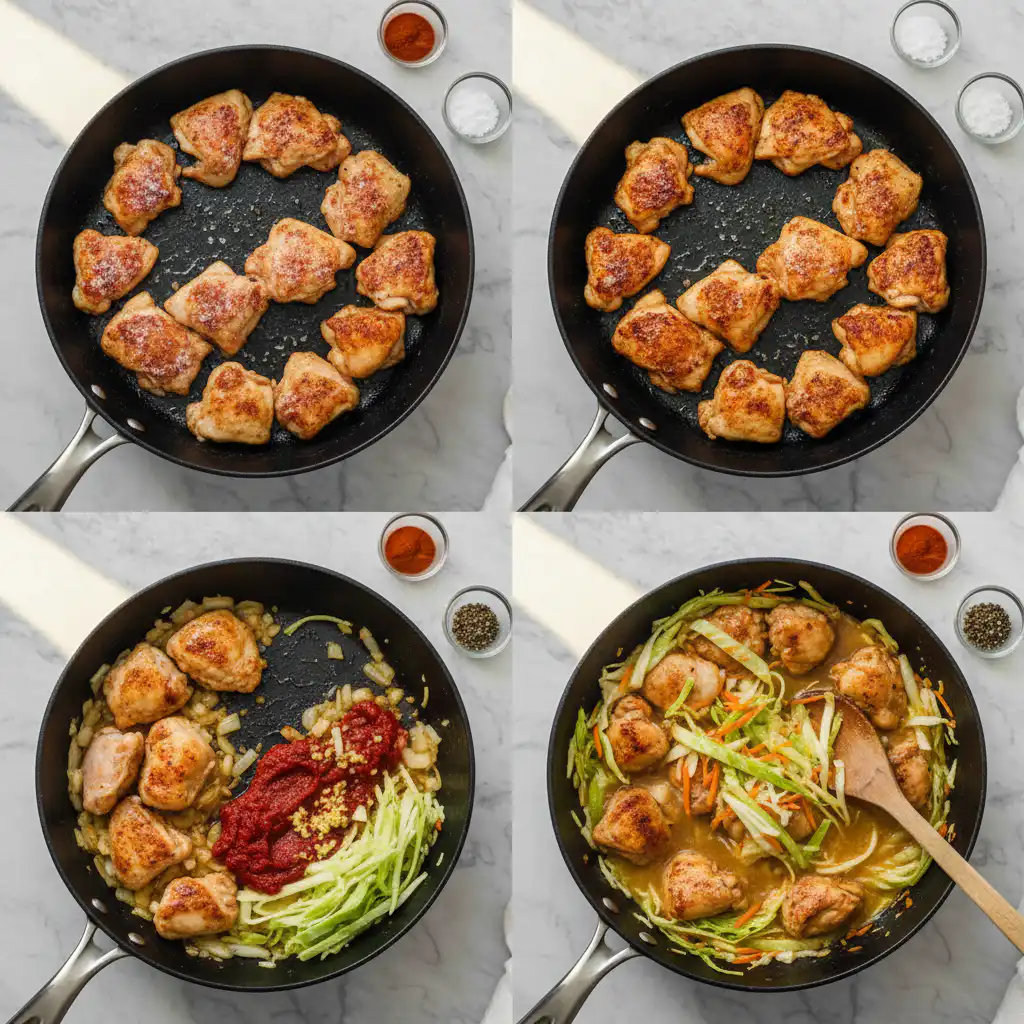 Chopped chicken and cabbage prepared for an easy skillet dish.