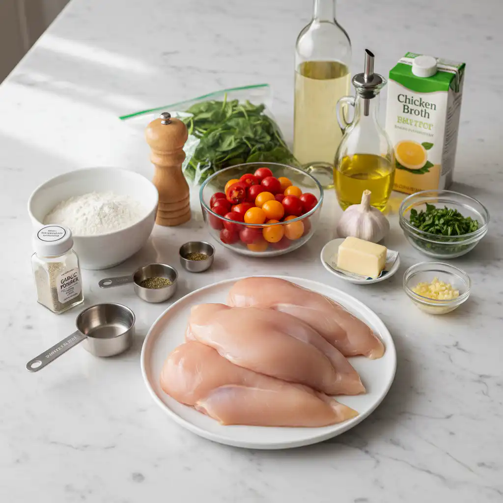 Fresh ingredients for chicken with tomatoes and spinach: chicken breast, juicy tomatoes, vibrant spinach, garlic, and herbs.
