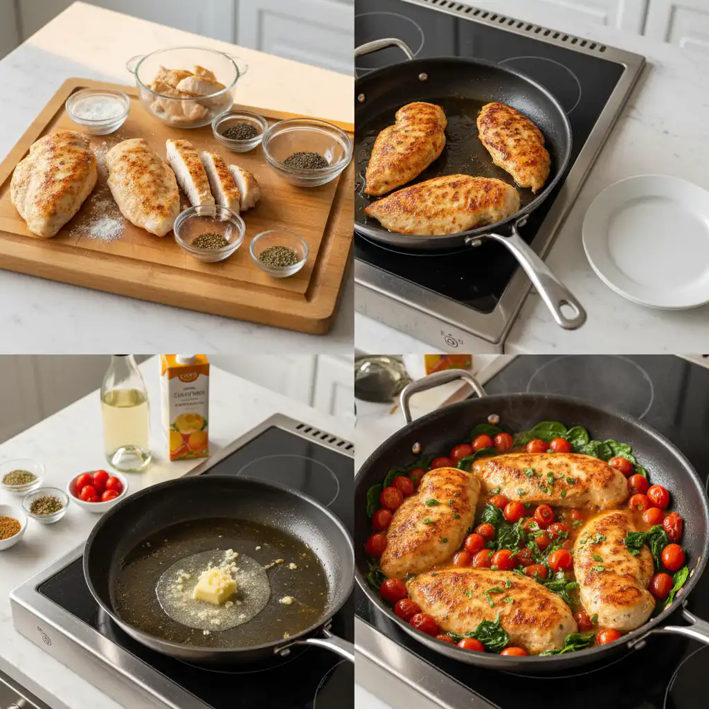 Chopping fresh ingredients for chicken with tomatoes and spinach, showing the preparation process.