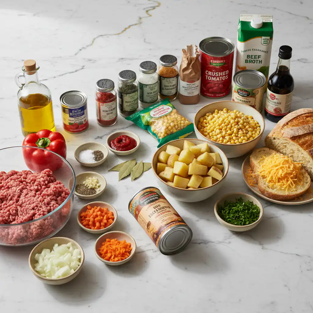 cowboy-soup-easy-homemade-ingredients Homemade cowboy soup ingredients including beans, tomatoes, corn, and ground beef.