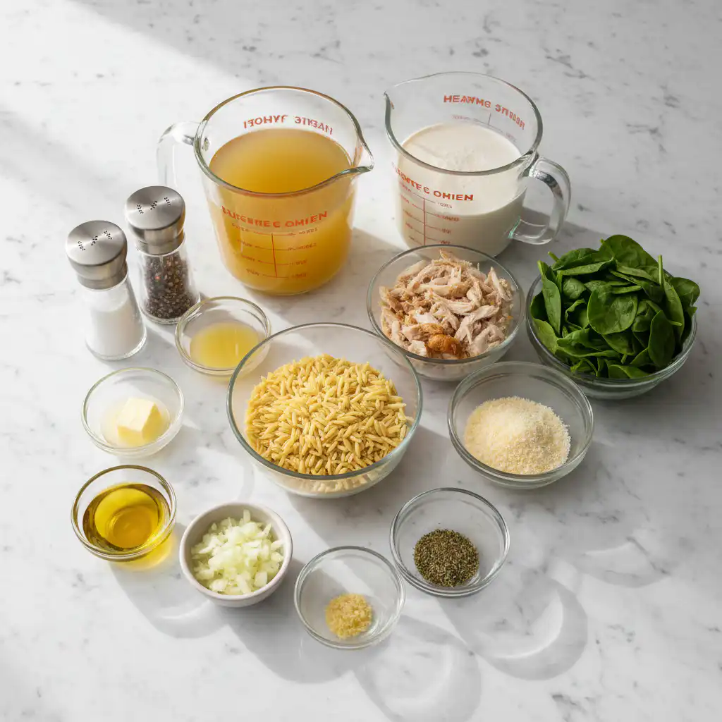 Fresh ingredients for creamy lemon chicken orzo, including chicken, orzo, lemon, and herbs.