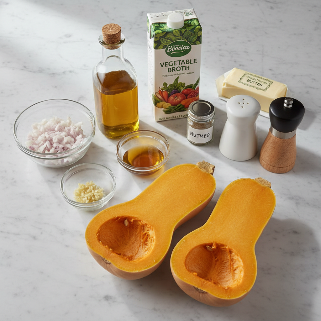 creamy-roasted-butternut-squash-soup-dairy-free-ingredients A vibrant assortment of fresh ingredients for creamy roasted butternut squash soup (dairy-free), including a whole squash, herbs, and vegetable broth.