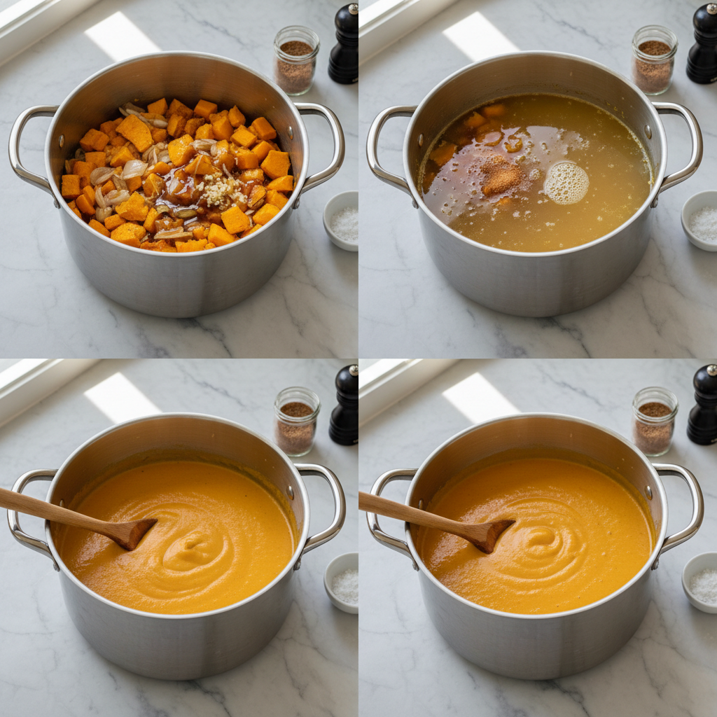 creamy-roasted-butternut-squash-soup-dairy-free-prep Close-up of hands preparing creamy roasted butternut squash soup (dairy free) by blending the mixture.