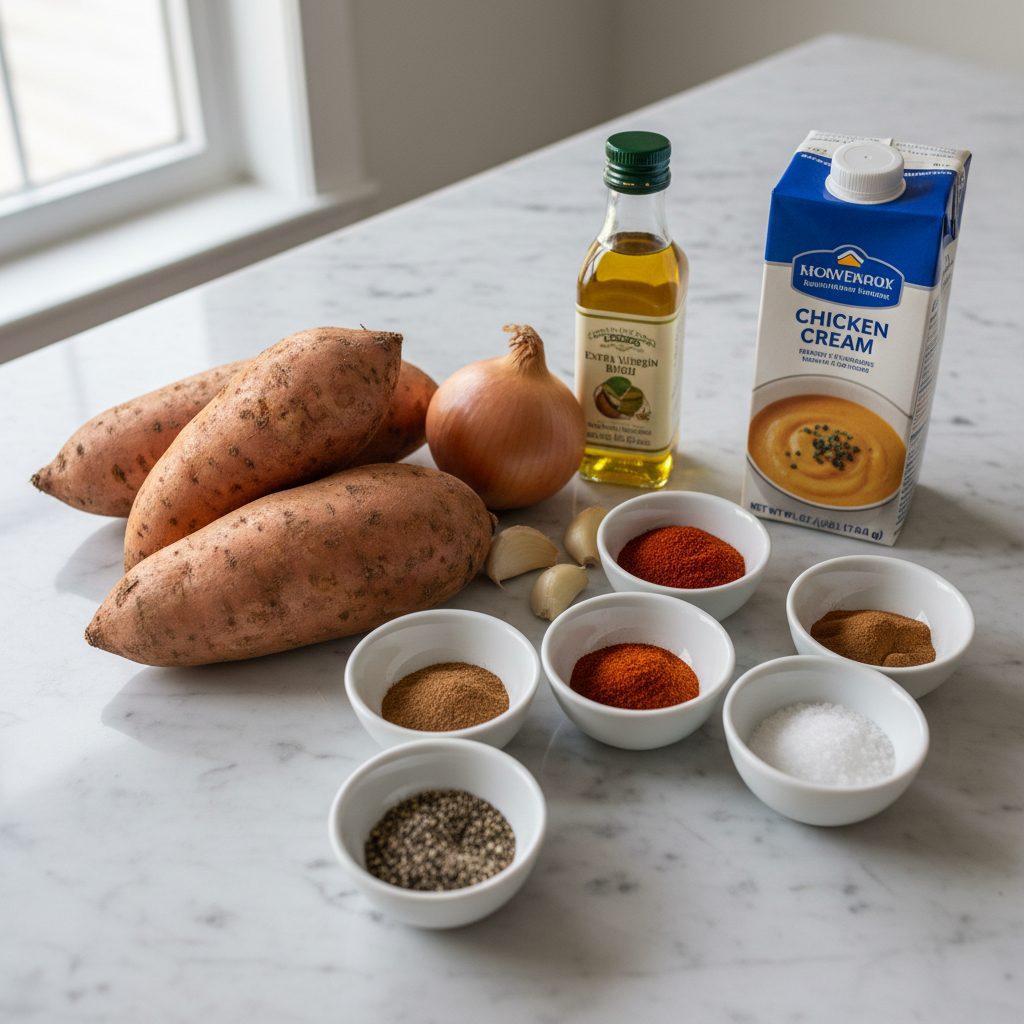creamy-sweet-potato-soup-fall-ingredients Ingredients for creamy sweet potato soup, including fresh sweet potatoes and herbs.