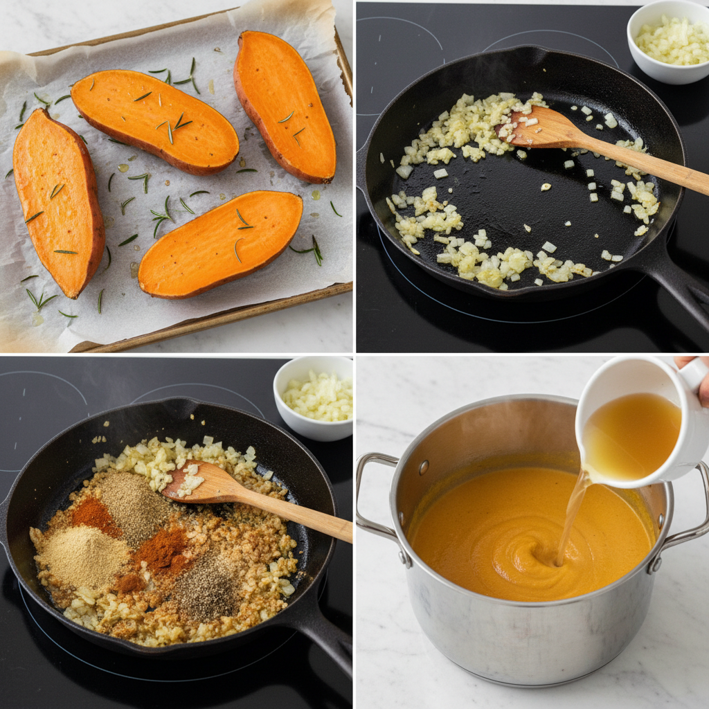 creamy-sweet-potato-soup-fall-prep Preparing creamy sweet potato soup with a blender for a smooth texture.