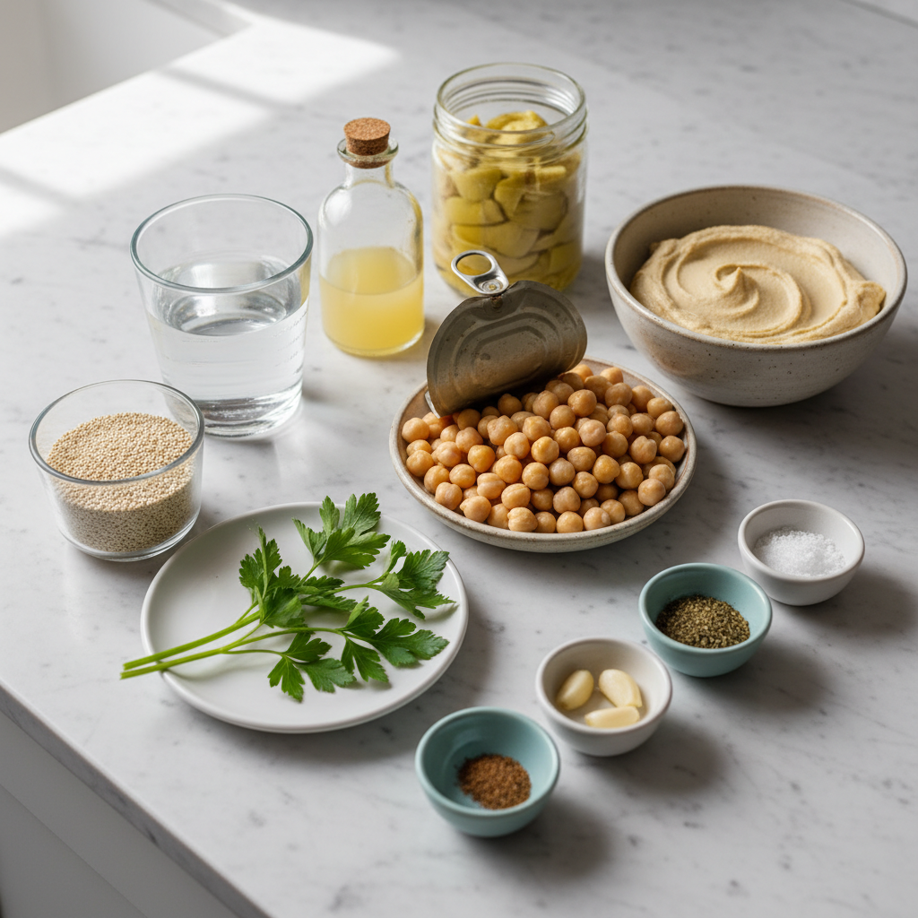 crispy-chickpea-and-quinoa-grain-bowl-ingredients A colorful assortment of fresh ingredients for a crispy chickpea and quinoa grain bowl.