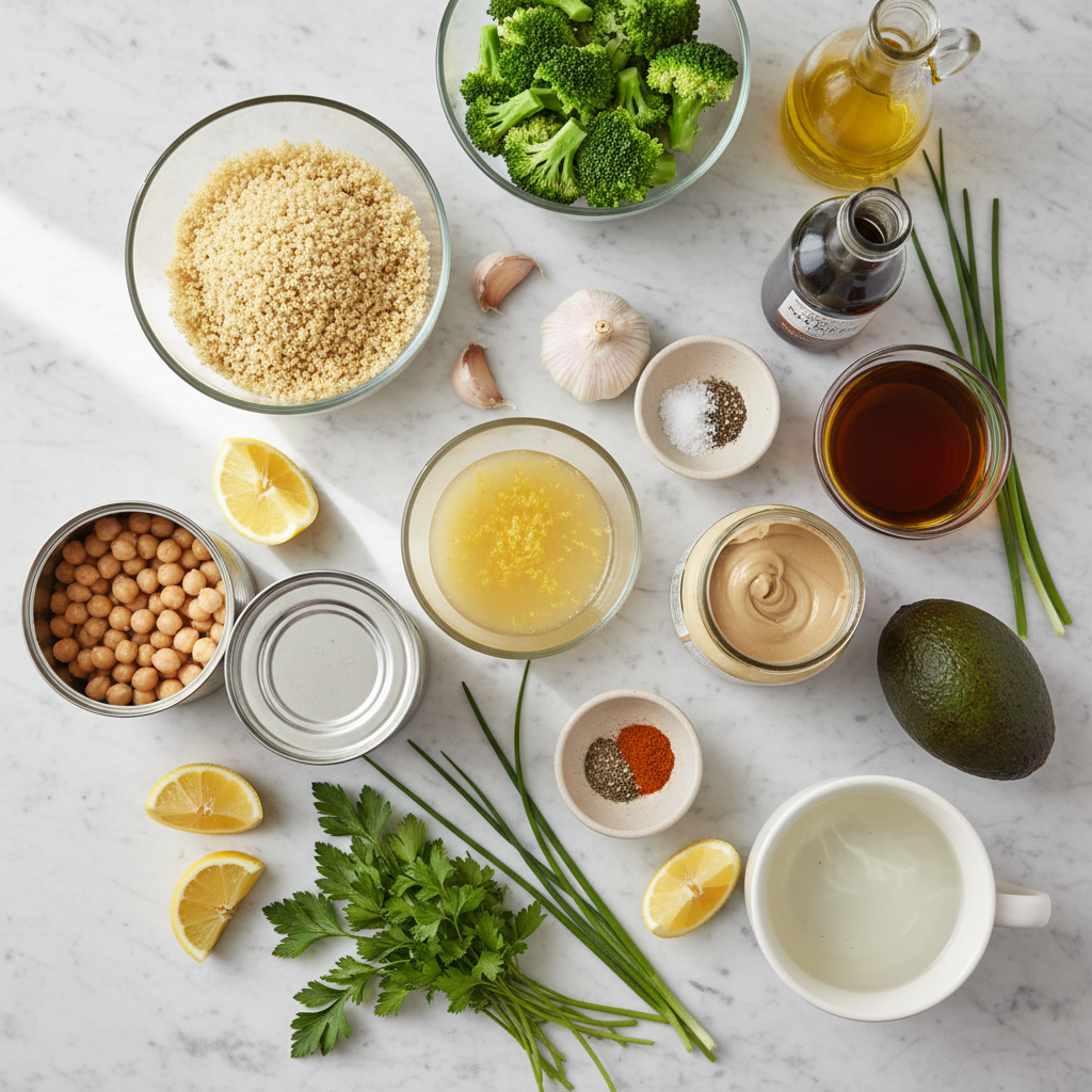 crispy-chickpea-and-quinoa-grain-bowl-ingredients Ingredients for a crispy chickpea and quinoa grain bowl, including fresh vegetables and spices.