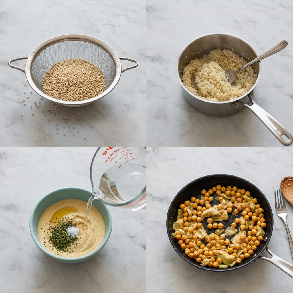 crispy-chickpea-and-quinoa-grain-bowl-prep Crispy roasted chickpeas being tossed with herbs for a grain bowl.