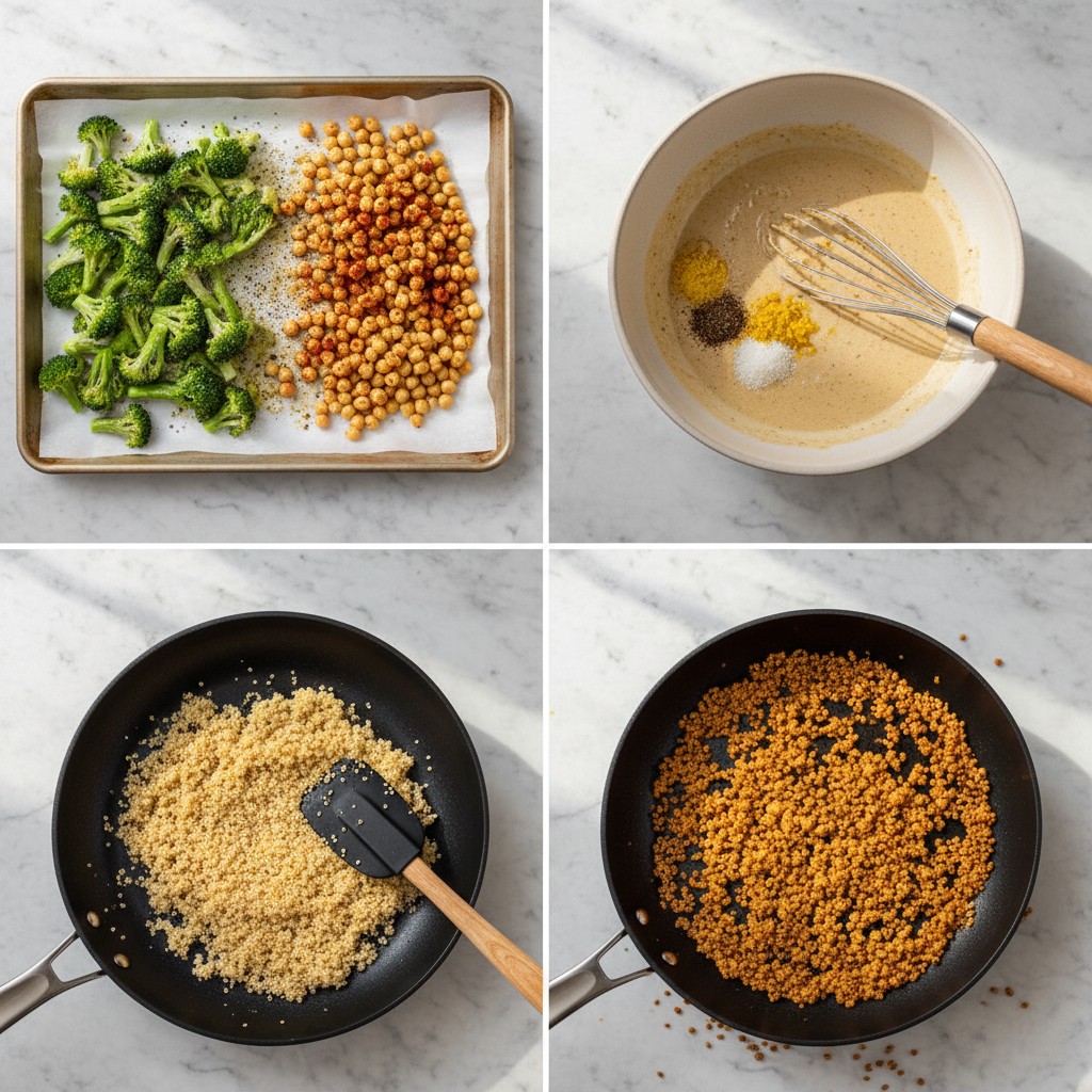 crispy-chickpea-and-quinoa-grain-bowl-prep Preparing a crispy chickpea and quinoa grain bowl with roasted chickpeas and fresh greens.