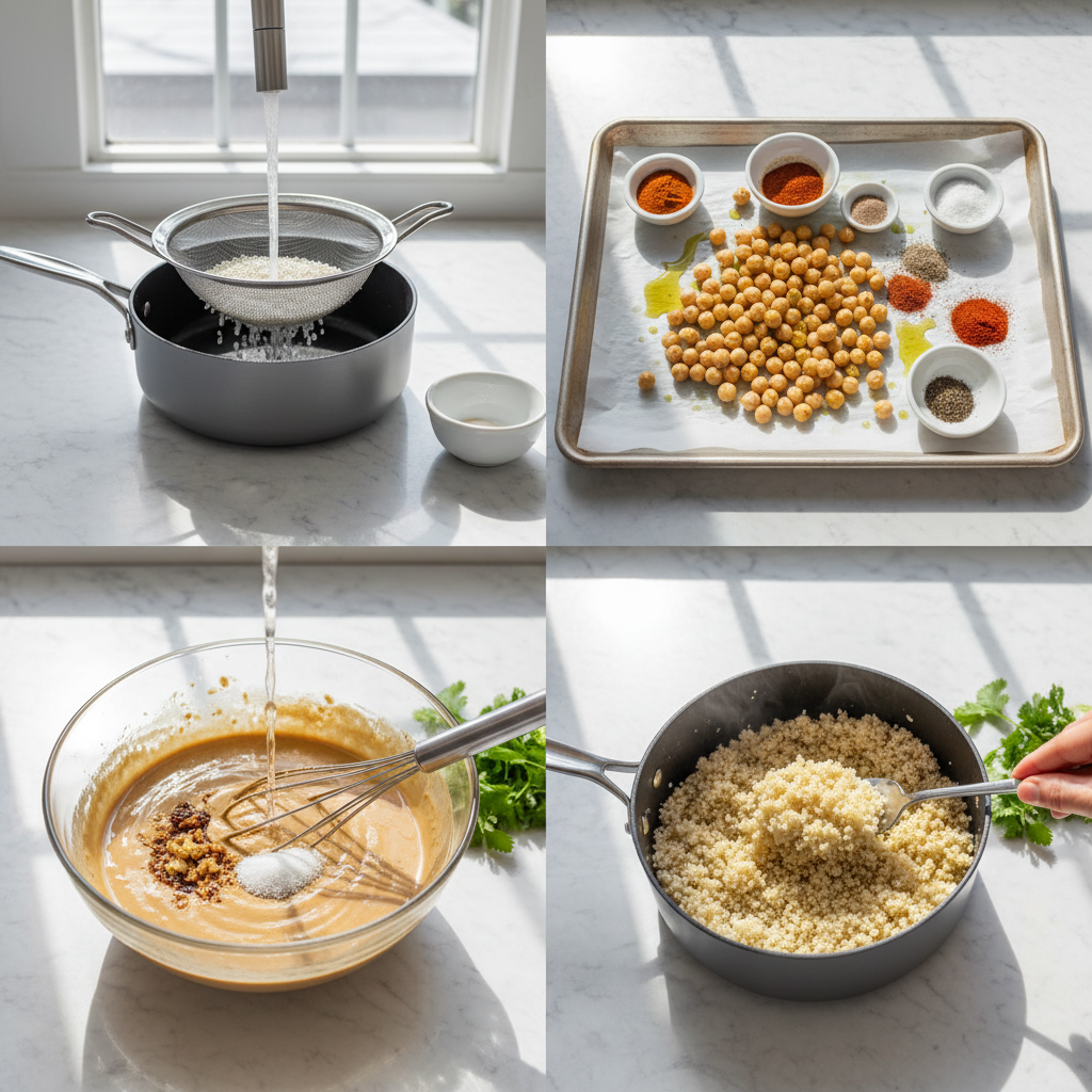 Hands assembling a healthy crispy chickpea and quinoa grain bowl, layering the fluffy quinoa and seasoned chickpeas.