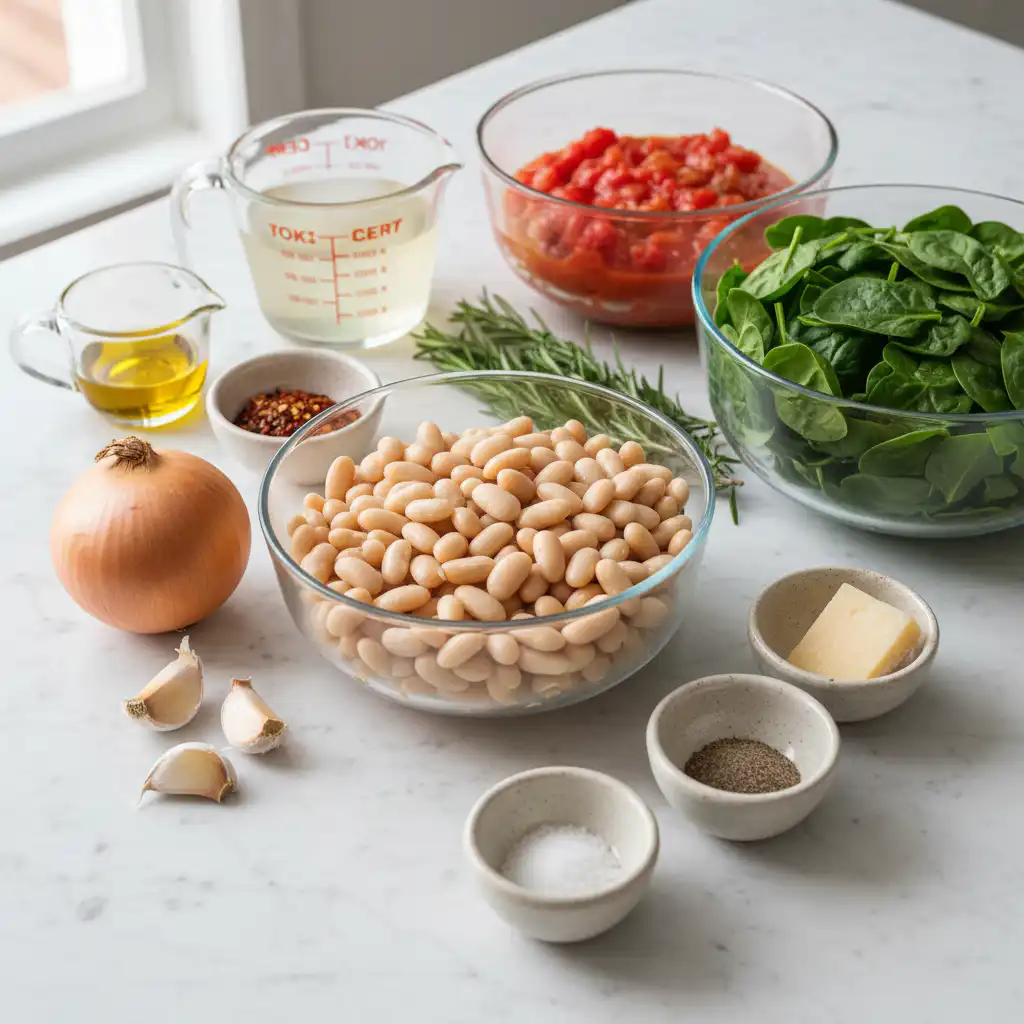 crockpot-mediterranean-white-bean-stew-ingredients Fresh ingredients for crockpot mediterranean white bean stew, including white beans, tomatoes, and herbs.