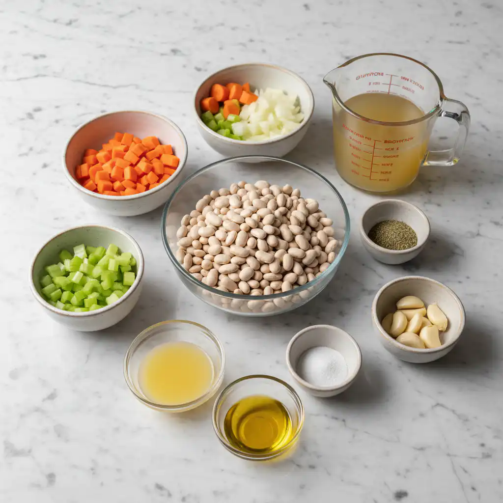 A colorful array of fresh ingredients for crockpot mediterranean white bean stew.