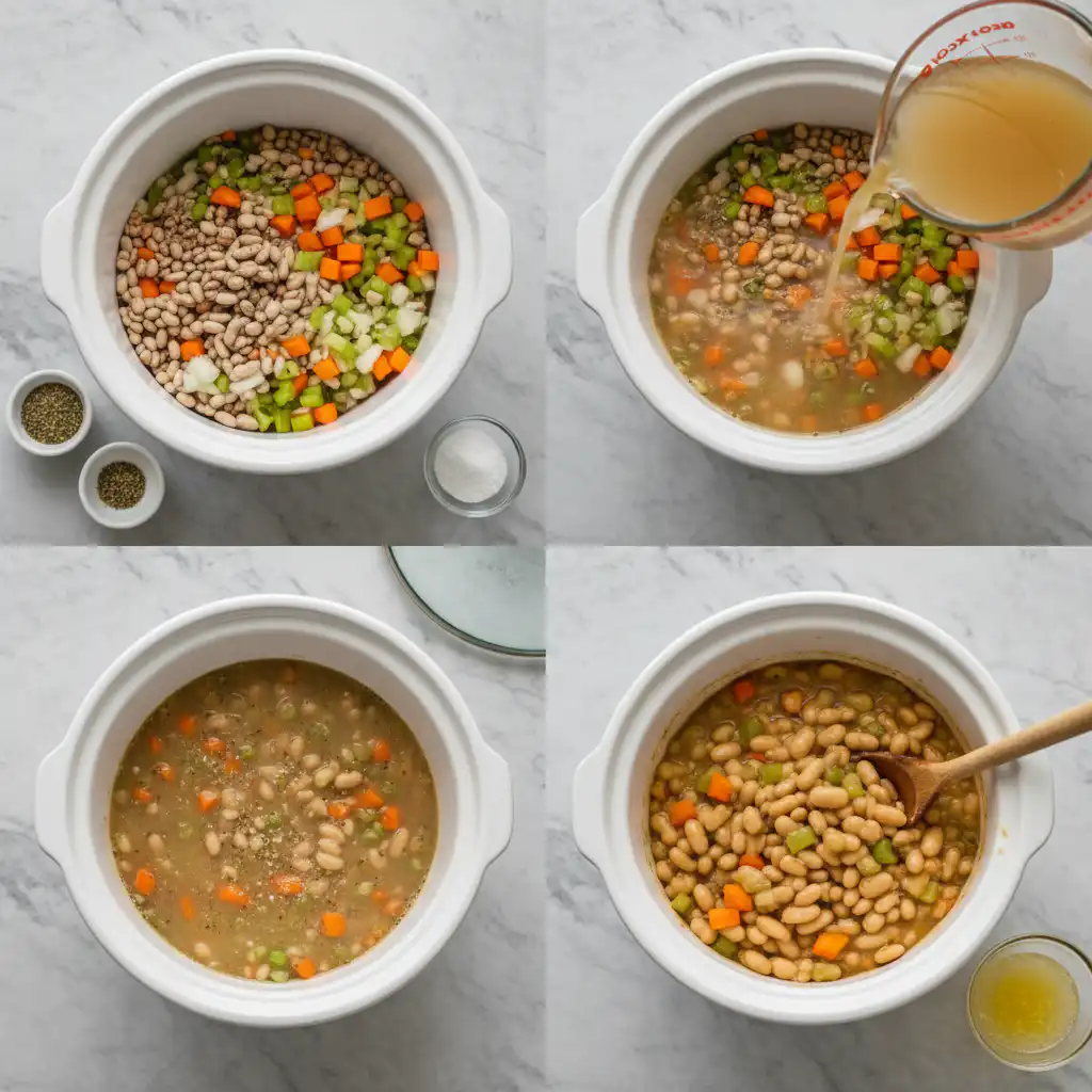 Chopped vegetables and white beans being added to a crockpot for mediterranean white bean stew.