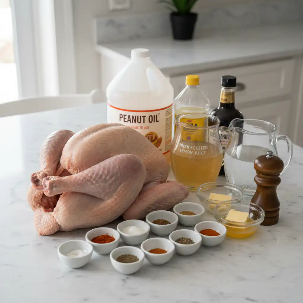Fresh ingredients for deep fried turkey thanksgiving easy, including a whole turkey, oil, and spices.