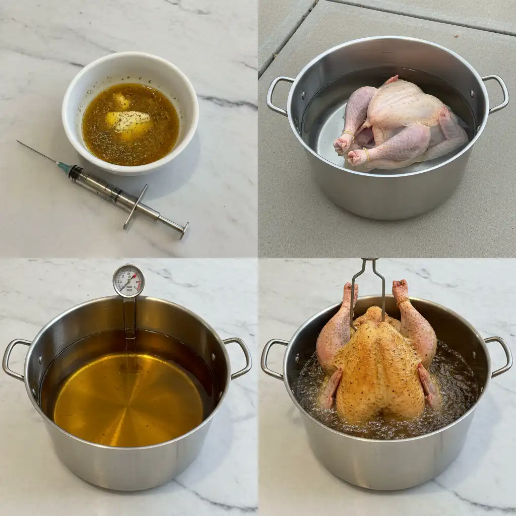 Hands preparing a turkey for deep frying, showcasing the easy Thanksgiving method.