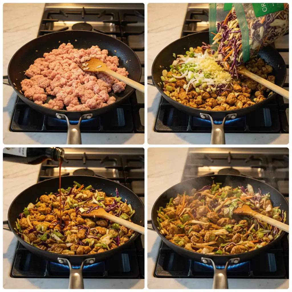 Chopped vegetables and cooked ground pork for an easy egg roll in a bowl.