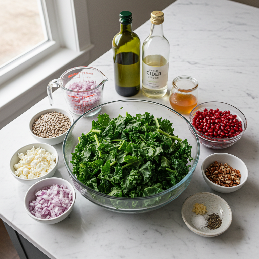 fall-kale-salad-ingredients Fresh fall kale salad ingredients including kale, pomegranate seeds, and toasted pecans.
