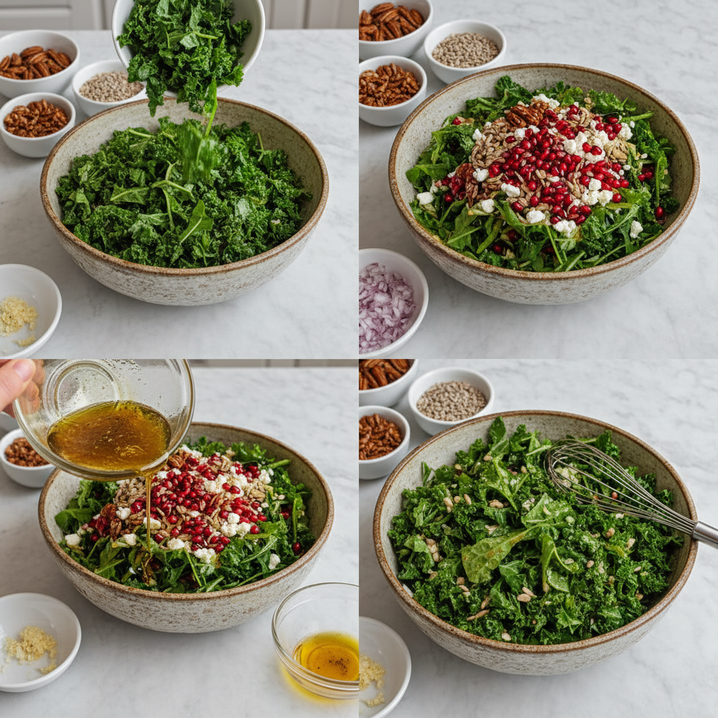 fall-kale-salad-prep Preparing fall kale salad with pomegranate and pecans by massaging kale.