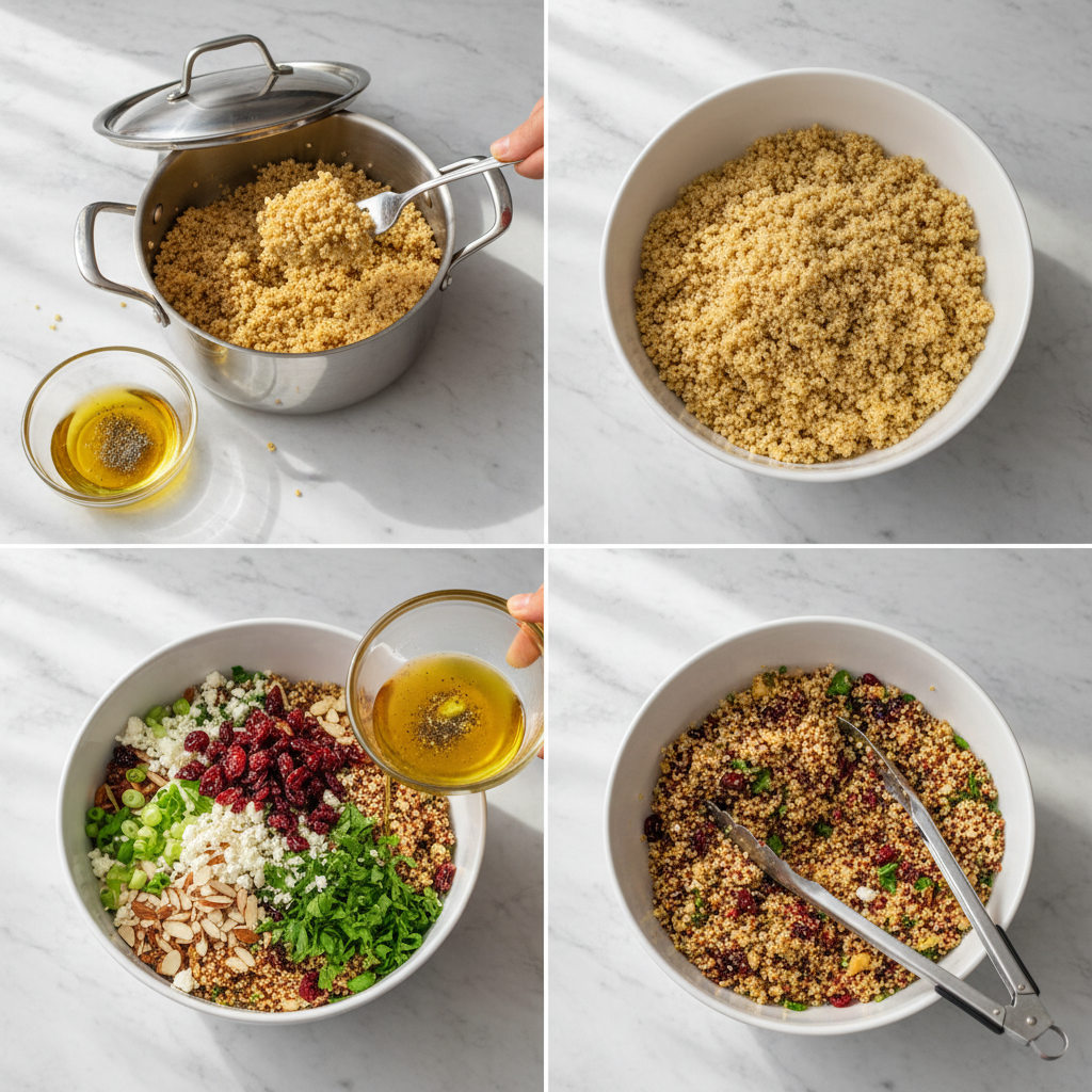 Close-up of hands tossing festive cranberry walnut quinoa salad, mixing vibrant ingredients for a perfect dish.