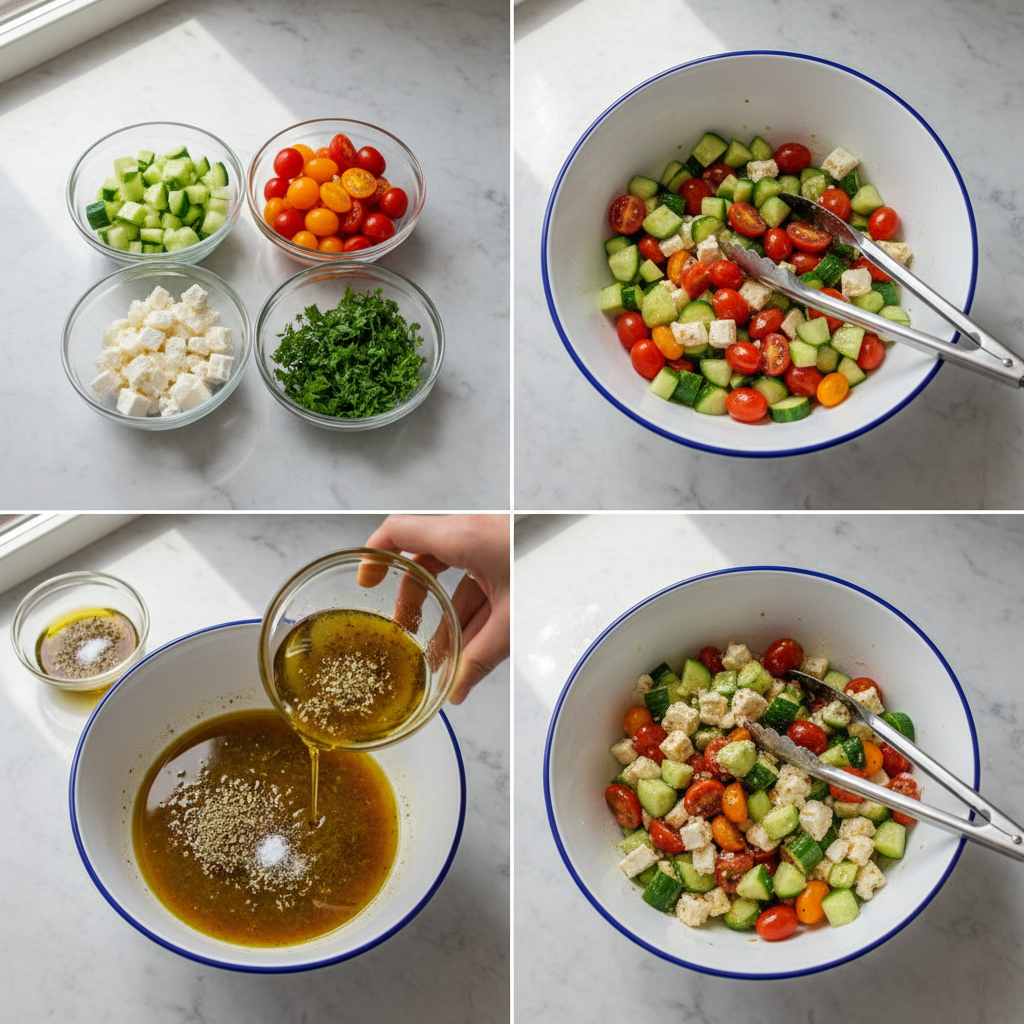 Chopped vegetables and crumbled feta for greek cucumber tomato and feta salad.