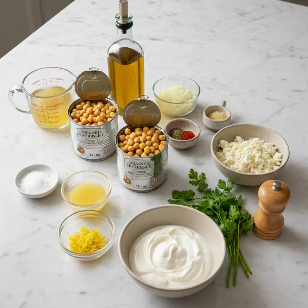 greek-lemon-chickpeas-ingredients Fresh ingredients for easy Greek lemon chickpeas including chickpeas, lemon, garlic, and herbs.