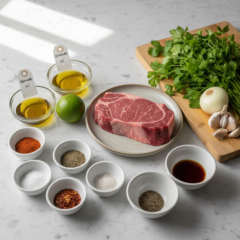 greek-marinated-flank-steak-with-chimichurri-ingredients Fresh ingredients for greek marinated flank steak with chimichurri, including flank steak, olive oil, lemon, and herbs.