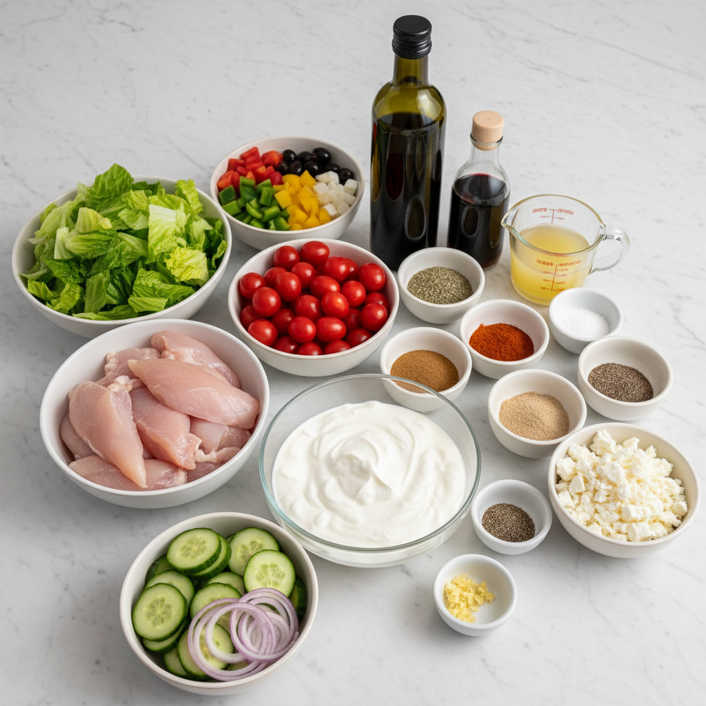 Fresh ingredients for greek salad with grilled chicken and olive oil, including ripe tomatoes, crisp cucumbers, and Kalamata olives.
