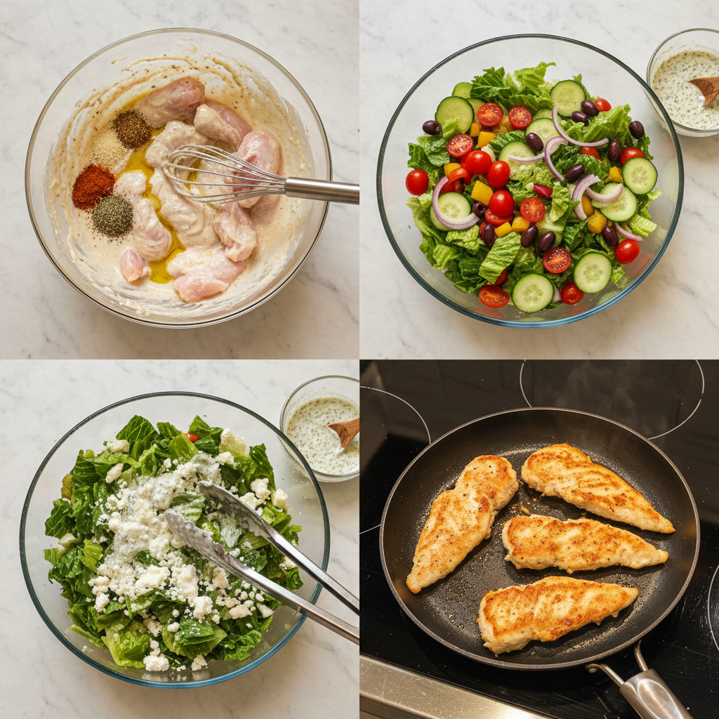 Preparing a healthy greek salad with grilled chicken and olive oil, chopping fresh vegetables and arranging them.