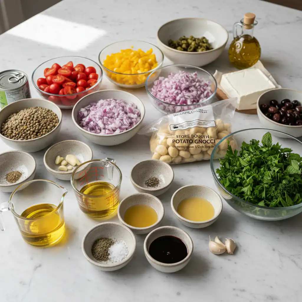 greek-sheet-pan-gnocchi-easy-ingredients A vibrant arrangement of fresh ingredients for greek sheet pan gnocchi easy, including cherry tomatoes, olives, and feta cheese.