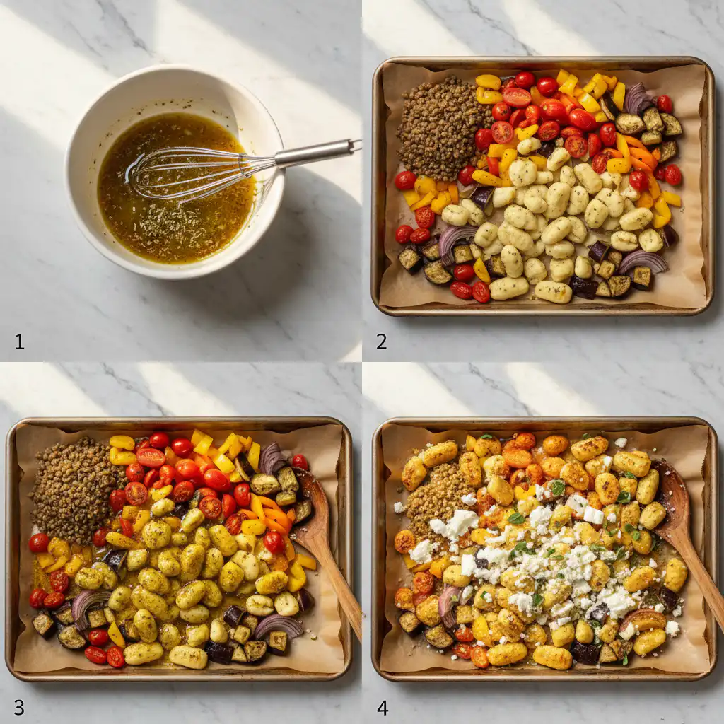 greek-sheet-pan-gnocchi-easy-prep Hands arranging gnocchi and vegetables on a sheet pan for greek sheet pan gnocchi easy.