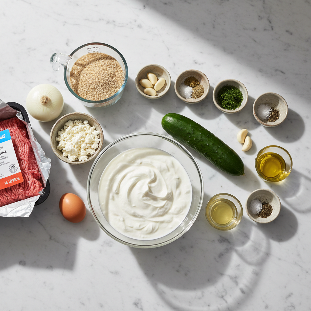 greek-turkey-meatballs-ingredients Fresh ingredients for greek turkey meatballs with tzatziki, including ground turkey, herbs, and cucumber.