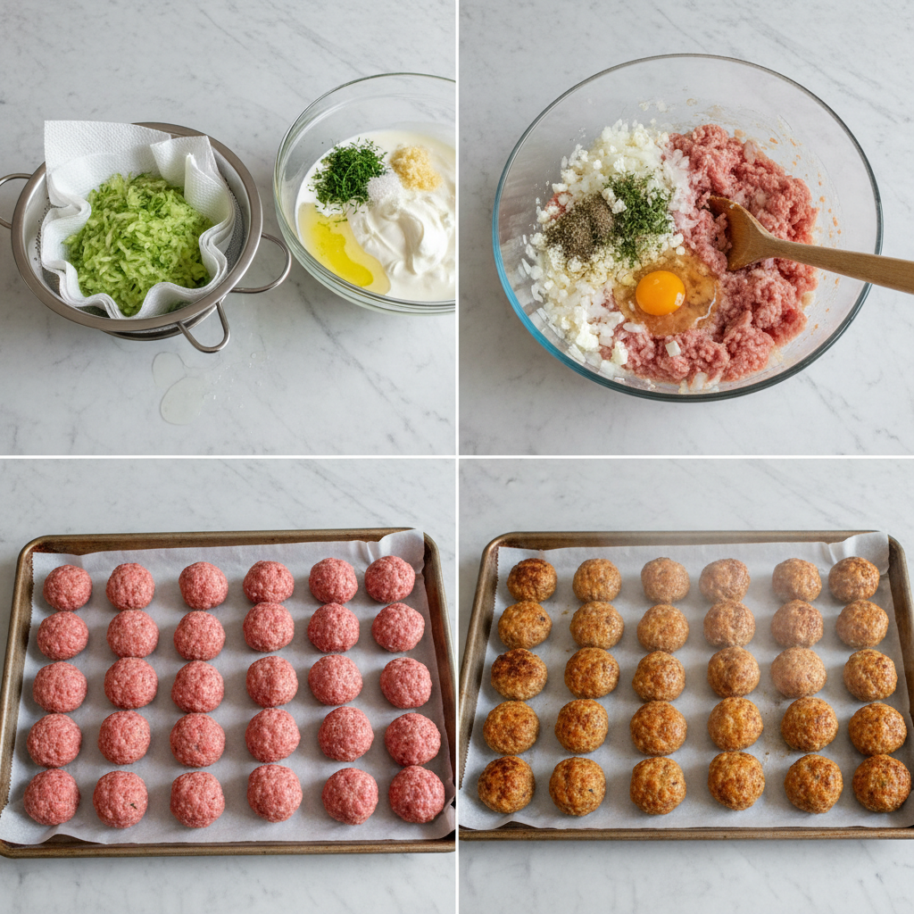 greek-turkey-meatballs-prep Hands shaping greek turkey meatballs before cooking, with tzatziki sauce in the background.