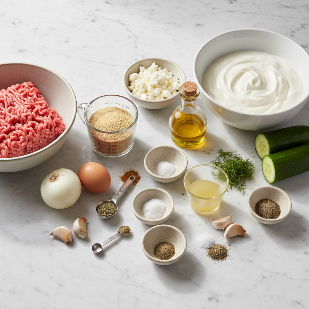 greek-turkey-meatballs-with-tzatziki-sauce-ingredients Fresh ingredients for greek turkey meatballs with tzatziki sauce, including ground turkey, herbs, and cucumber.